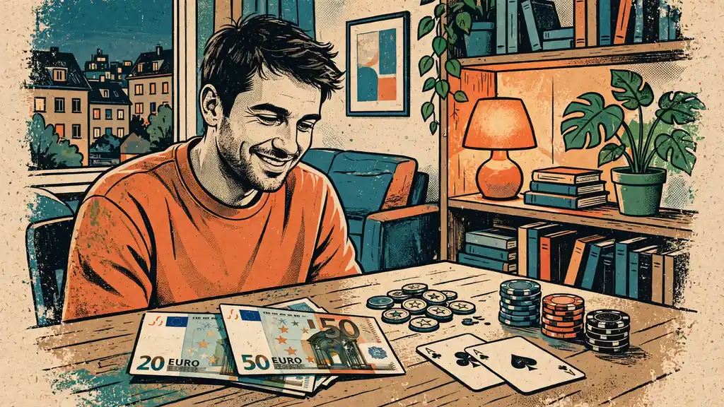 Person am Tisch mit Euro-Scheinen, Casino-Chips und Spielkarten in gemütlicher Wohnung