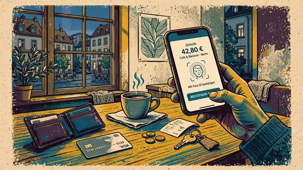 Hand bestätigt Apple-Pay-Zahlung auf dem iPhone zu Hause.