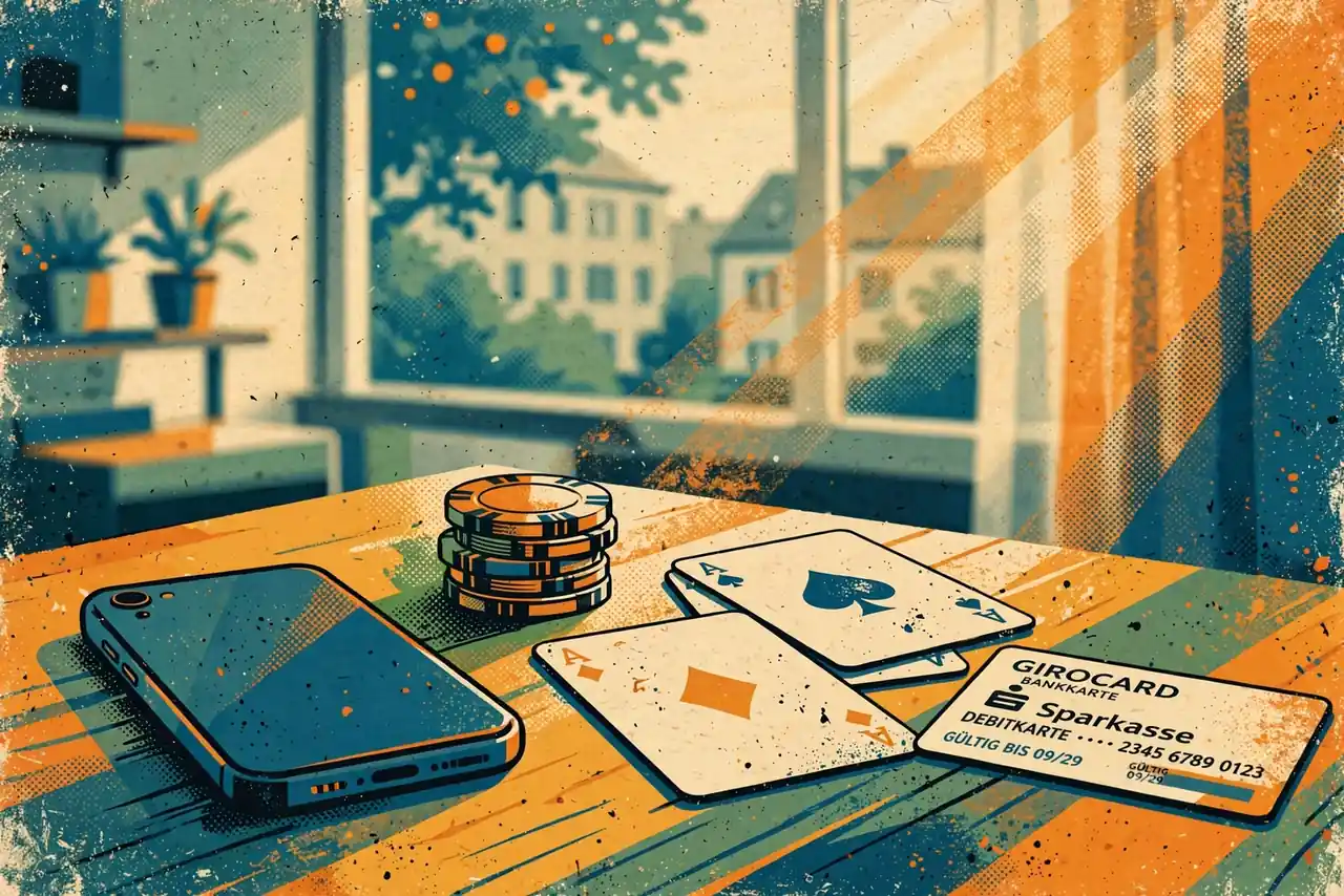 Smartphone, Casino-Spielmarken und Bankkarte auf Holztisch in deutscher Wohnung