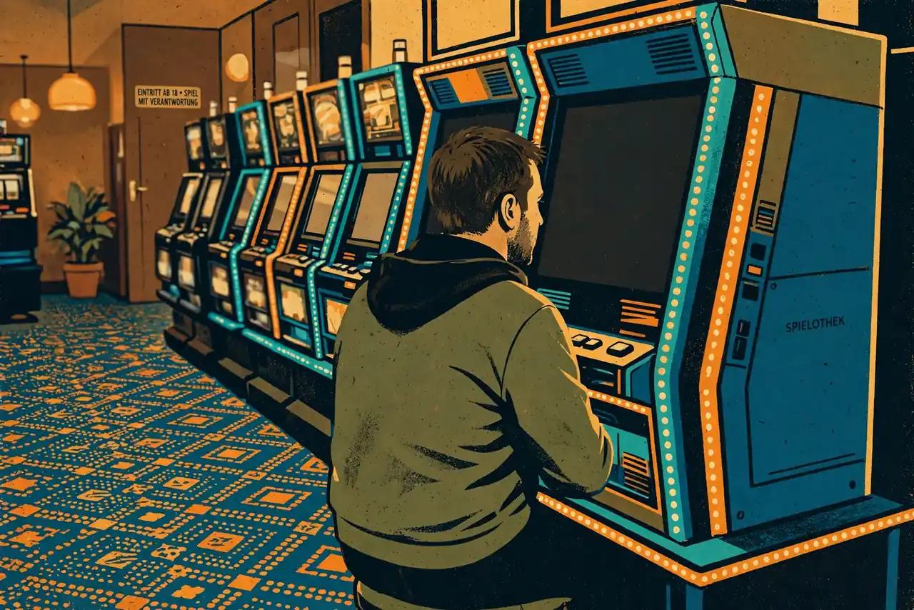 Spieler an einem Spielautomaten in einer deutschen Spielothek, von hinten gesehen