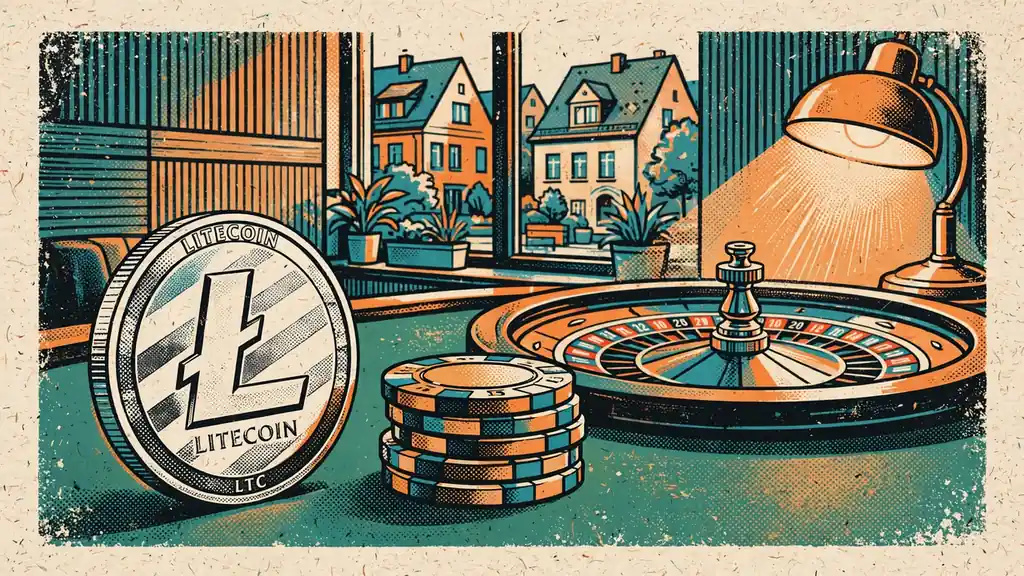 Silberne Litecoin-Münze auf grünem Spieltisch neben Stapel Chips und Roulette