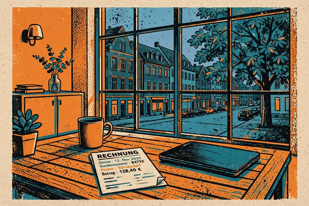 Modernes Wohnzimmer mit Laptop, Rechnung und Blick auf deutsche Stadt