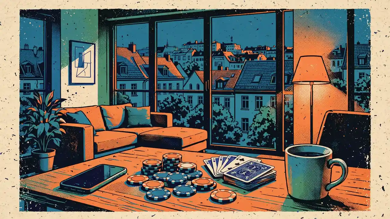 Smartphone auf Couchtisch mit Spielchips und Karten in deutscher Wohnung bei Abenddämmerung