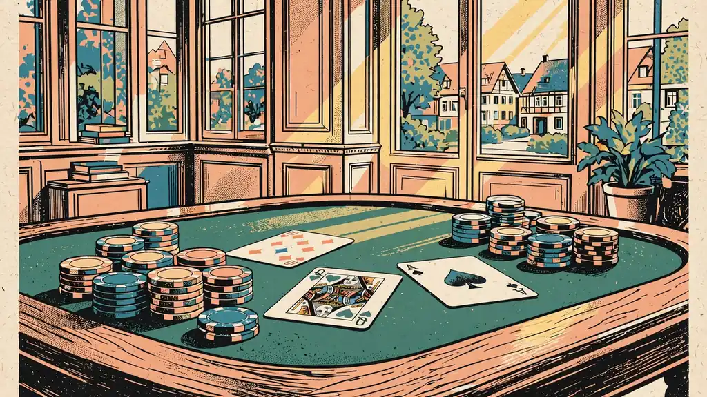 Edler Spieltisch mit Casino-Chips und Spielkarten in stilvollem Interieur