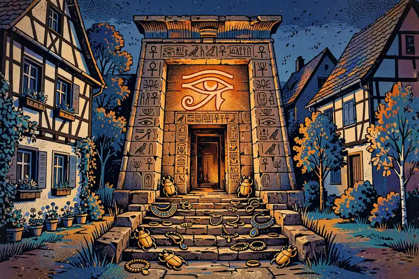Mystischer ägyptischer Tempeleingang mit leuchtendem Horus-Auge und goldenen Artefakten in der Abenddämmerung