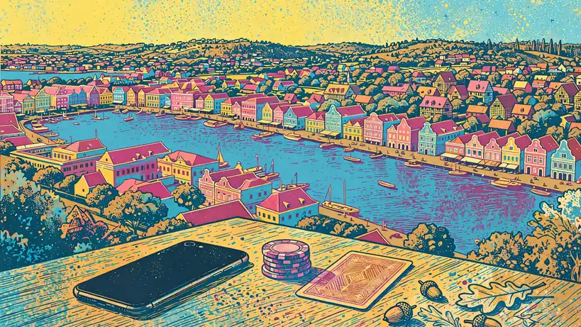 Luftaufnahme von Willemstad auf Curaçao mit buntem Hafen und Smartphone mit Casino-Chips.